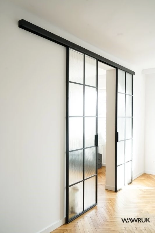 hallway with internal crittall style doors and frosted glass panels