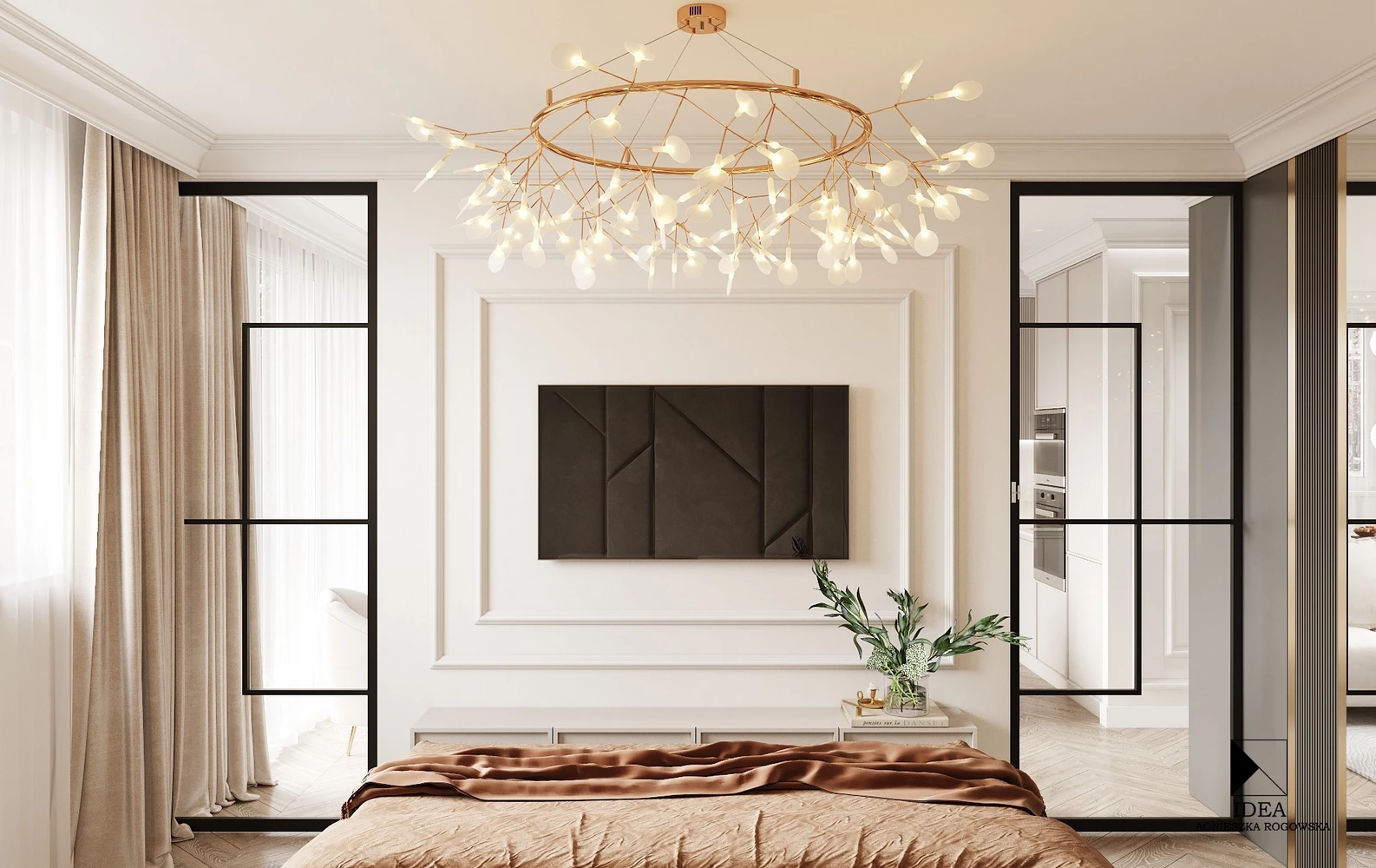 bedroom with crittall style internal doors and a gold chandelier