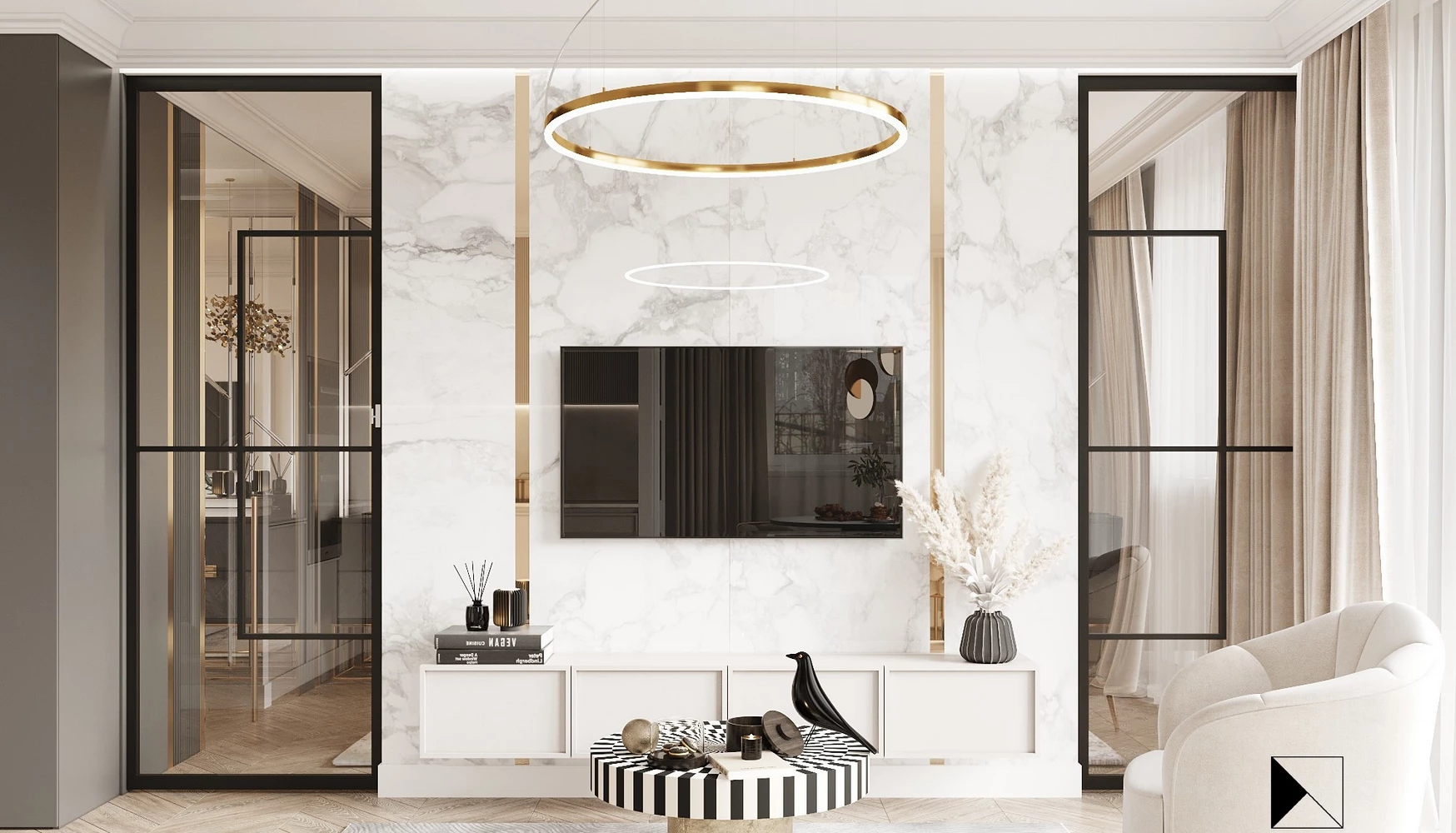luxury room with crittall style doors and marble walls