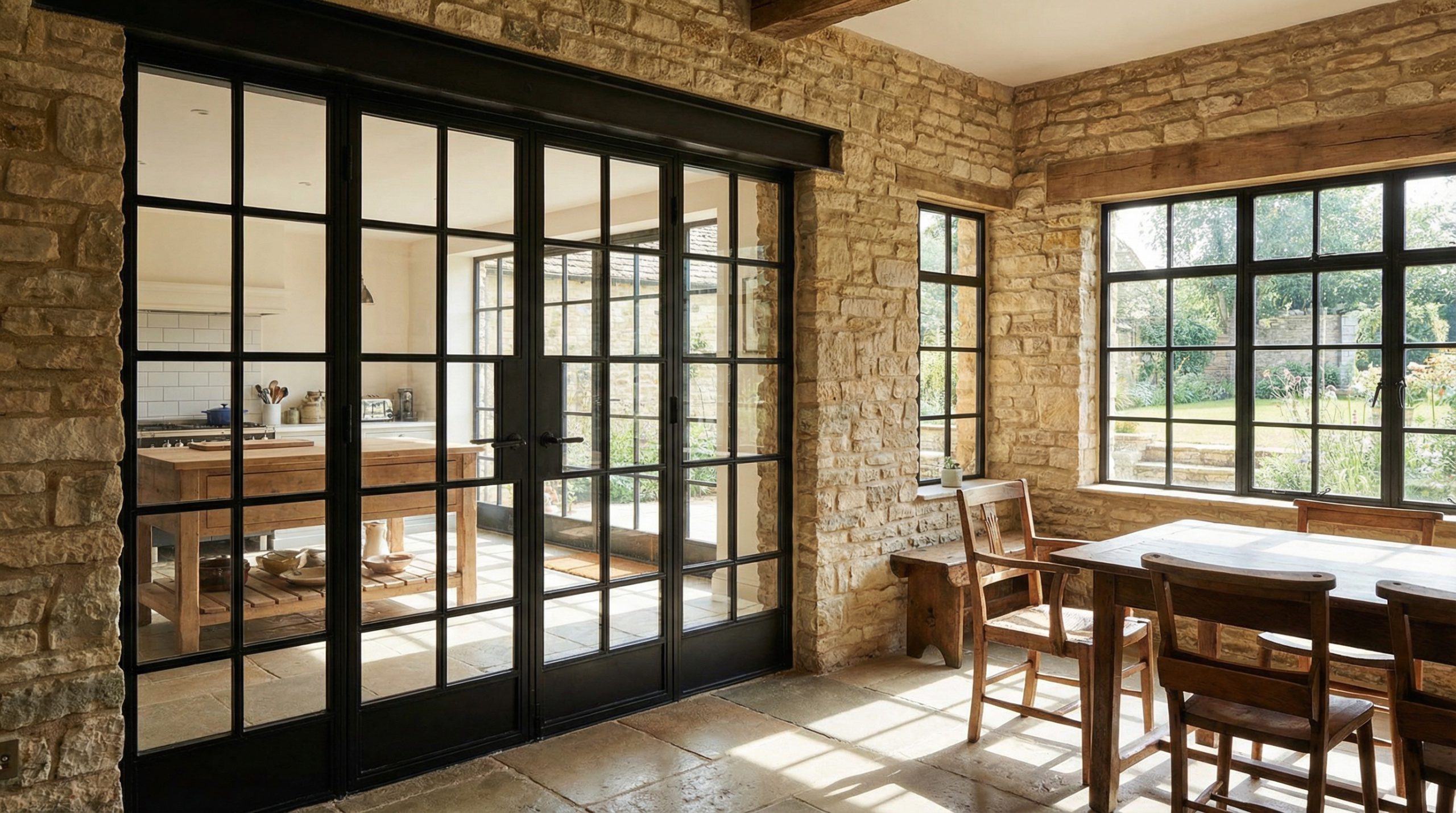 Cottage will steel doors seprating the kitchen form the living space allowing for maximising light and flow but zoning the space beautifully.