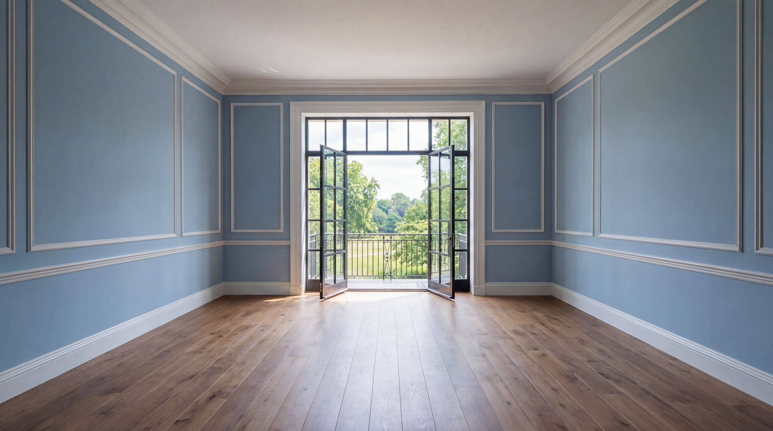 Apartment zoomed out on double doors overlooking park