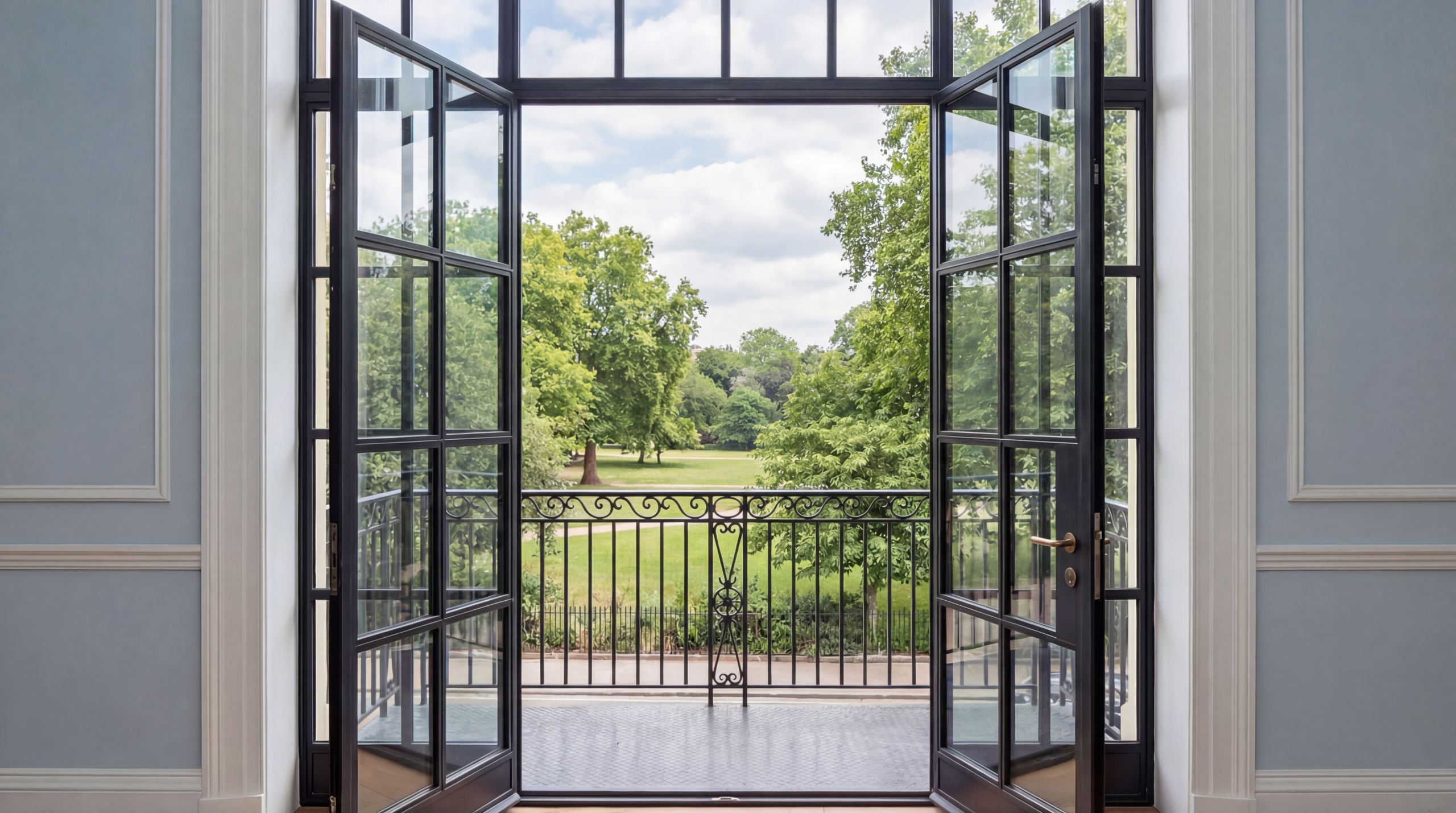 Back doors in apartment looking out on to a park