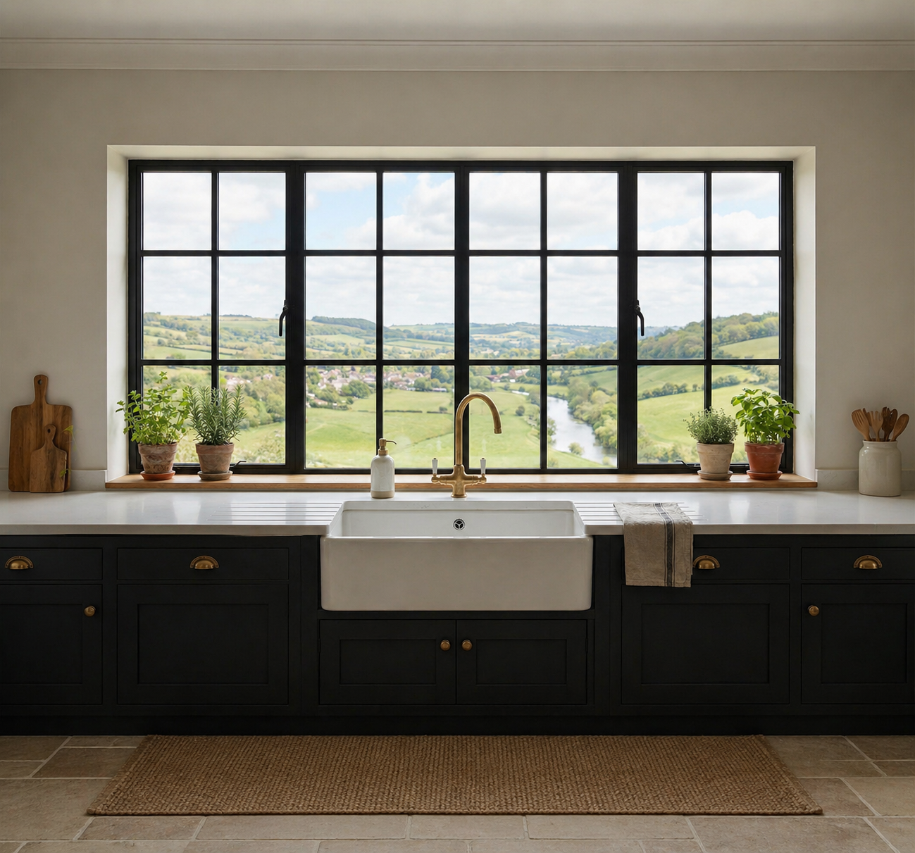 Kitchen window overlooking rolling countryside