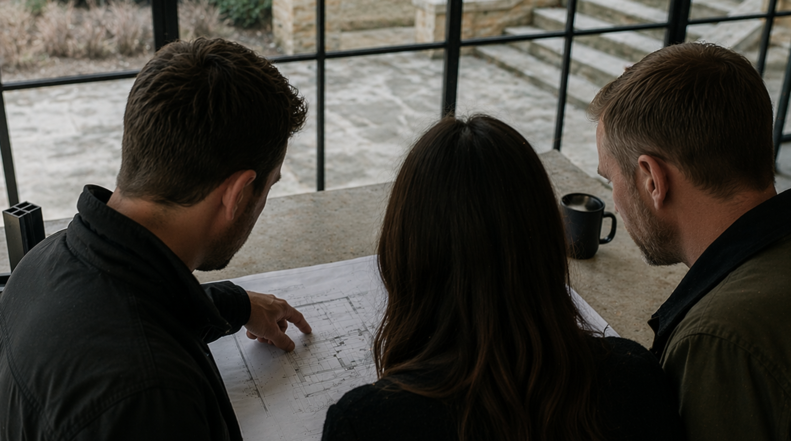 Team working together looking at drawings mid renovation