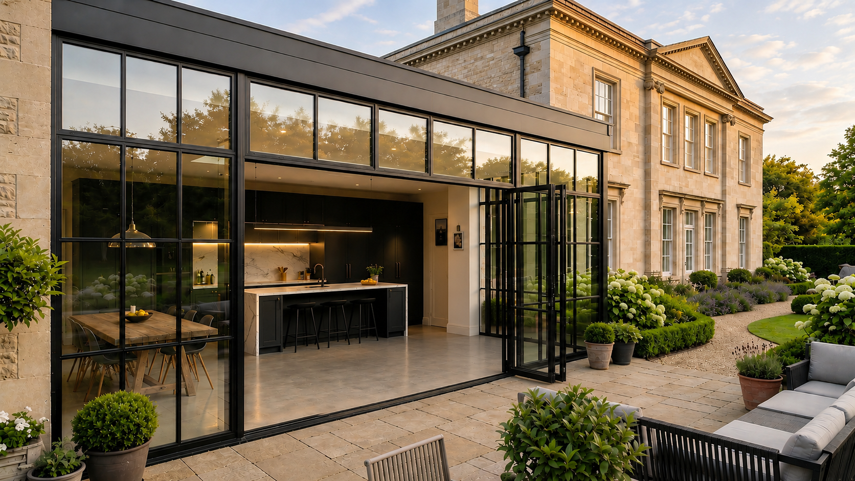 Ground floor kitchen extension on Georgian property with steel bi-folding doors