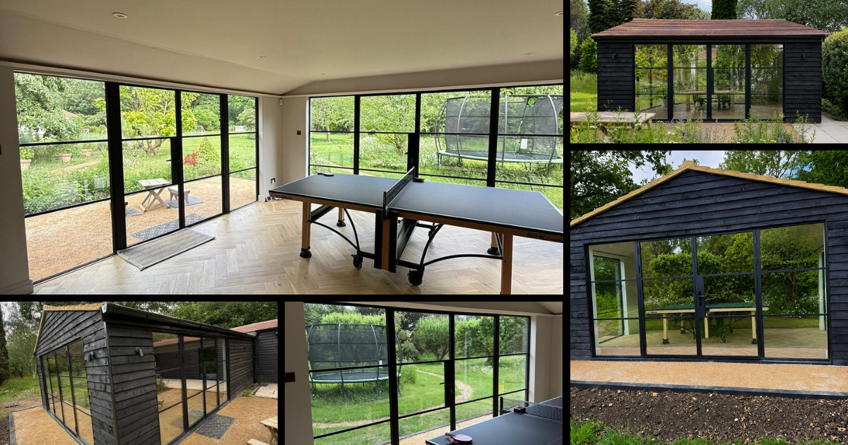 Collage of garden room renovation showing inside and outside